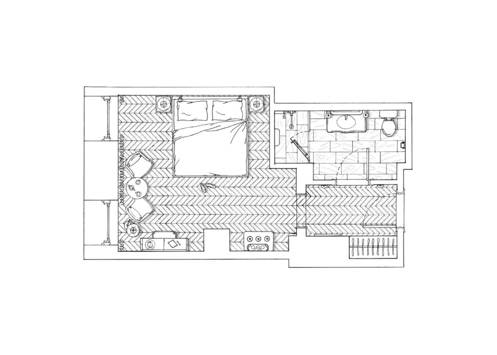 Pencil drawing of the Classic Room floor plan at The Twenty Two New York, showcasing its refined layout and elegant design.