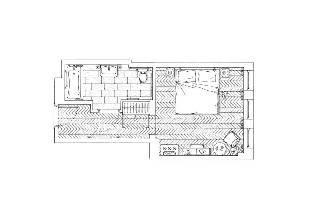 Pencil drawing of the Deluxe Room floor plan at The Twenty Two New York, illustrating its spacious layout and refined design details.