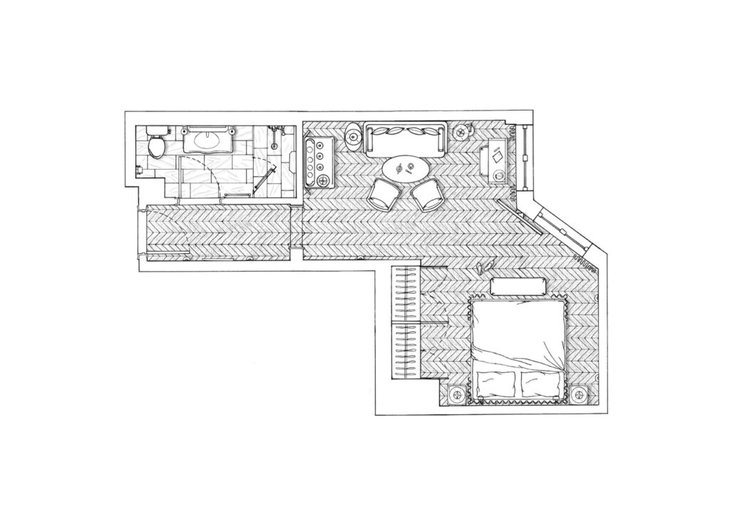 Pencil drawing of the Junior Suite floor plan at The Twenty Two New York, illustrating its spacious layout and elegant design.