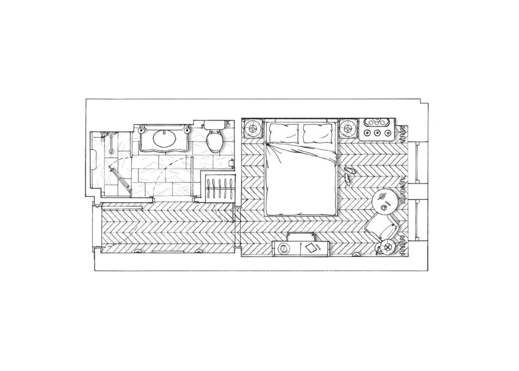 Pencil drawing of The Nook Room at The Twenty Two New York, illustrating its cozy layout and sophisticated design details.