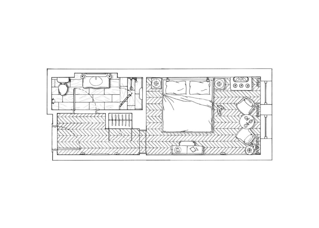 Pencil drawing of the Superior Room at The Twenty Two New York, illustrating its elegant layout and luxurious design details.